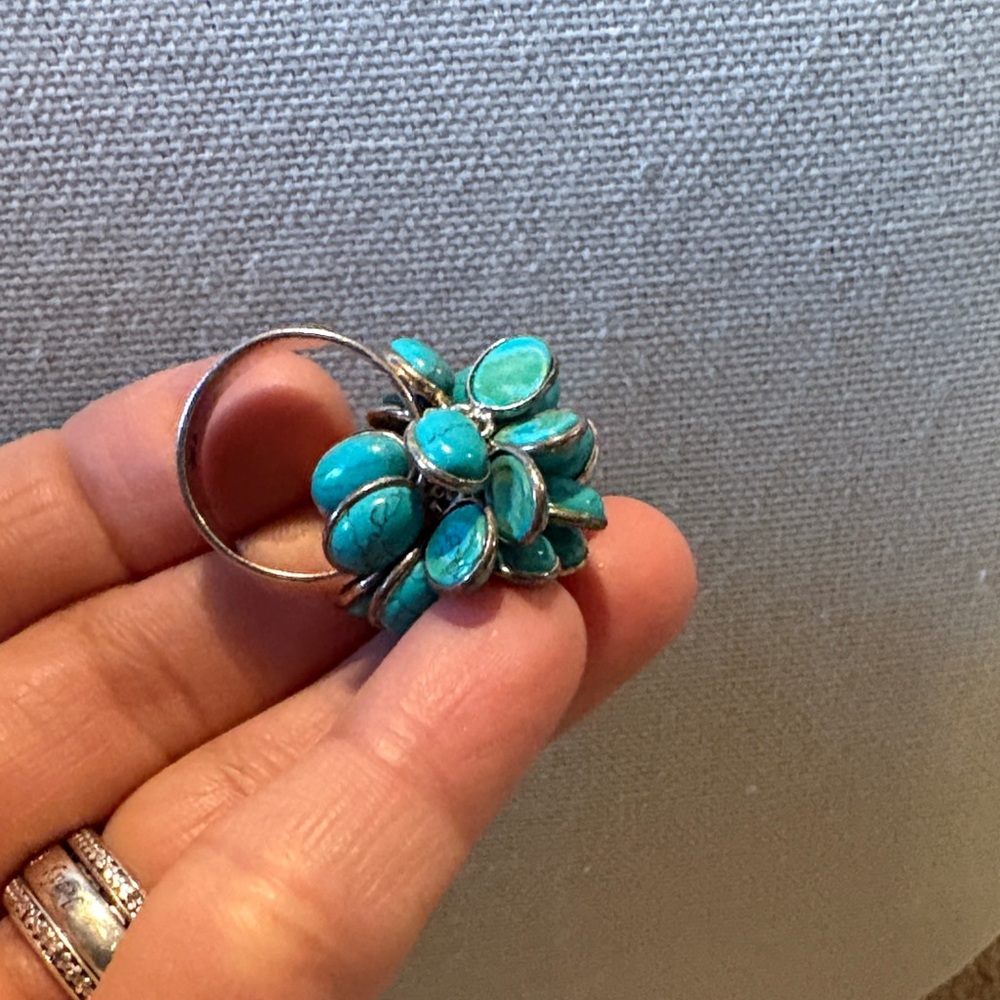 Turquoise Cluster .925 Silver Ring - image 1